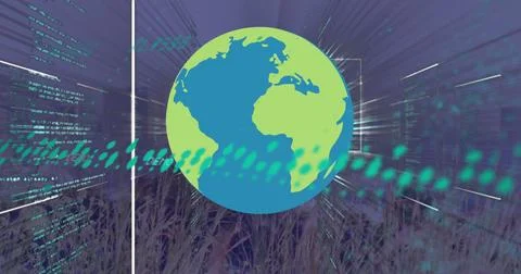 Digital globe surrounded by streaming data and abstract technology elements Stock Photos
