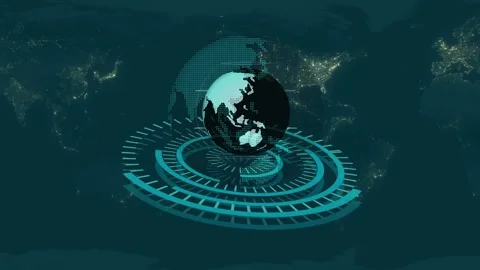 Digital globe with teal HUD rings animation background Video stock 329116737