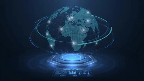 Digital glowing blue earth globe hologram with light particles orbiting on .. Stock Illustration