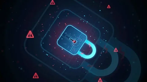 Digital glowing blue padlock rotating on dark background representing cyber Stock Footage 341829985