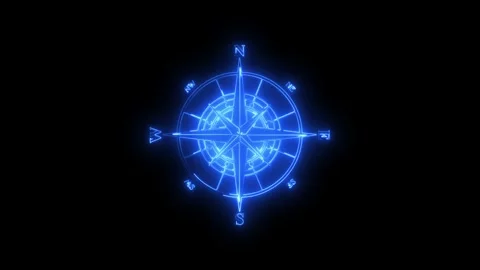 Digital glowing compass animation performing rotation Video stock 345621479