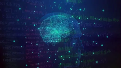 Digital Glowing Human Brain Inside Head Silhouette with Programming Code Vídeos de archivo 336011931