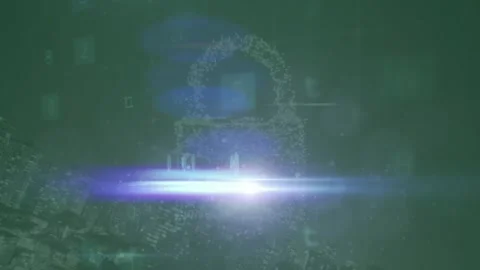 Digital glowing light animation over binary code on blue background for Stock Footage 329169005
