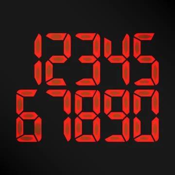 Digital Glowing Numbers Vector. Red Numbers On Black Background. etro Clock Illustrazione stock