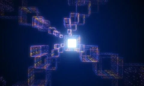 Digital glowing particles tunnel network abstract background. Futuristics t.. Illustrazione stock