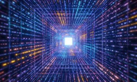 Digital glowing particles tunnel network abstract background. Futuristics t.. Illustrazione stock
