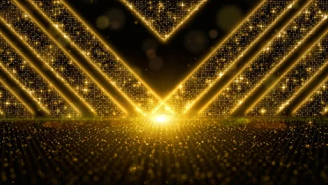 Digital gold color particles flow with dust and bokeh, Digital Stage floor an Stock Footage 141892488