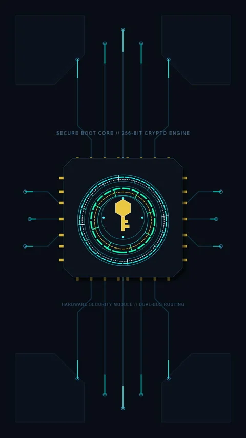 Digital golden key icon inside glowing circuit board processor Stock Footage 348329456