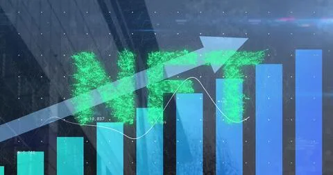 Digital graph with blue bars and green upward arrow indicating growth Stock Photos