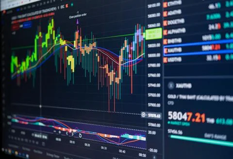 Digital graph chart diagrams data of cryptocurrency, stock market or forex ex Stock Photos