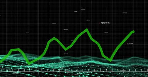 Digital graph displaying fluctuating data trends on futuristic interface screen Illustrazione stock
