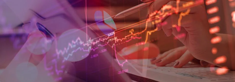 Digital graph interface over dark blue background. Concept of stock market .. Stock Photos