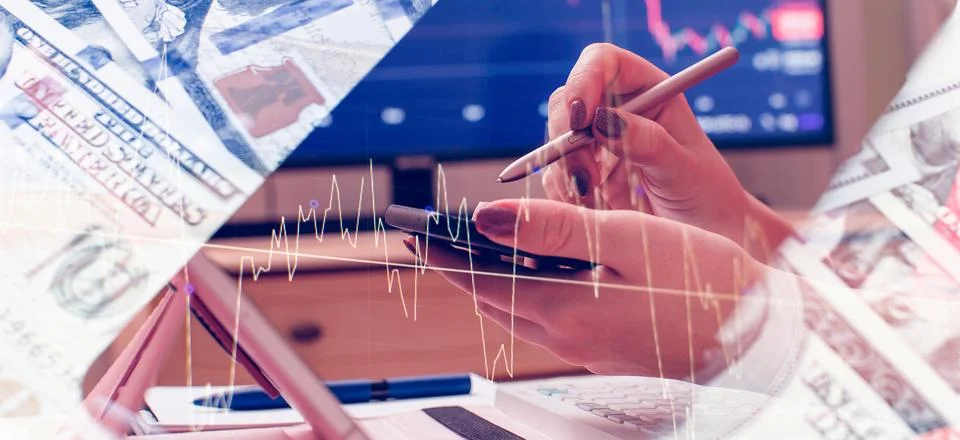 Digital graph interface over dark blue background. Concept of stock market .. Stock Photos