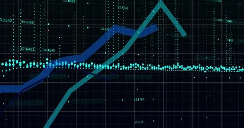 Digital graph showing fluctuating data trends and analytics on dark background Stock Photos