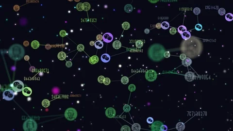 Digital, graphic video animation of network abstract users, flying icons of Stock Footage 102257655