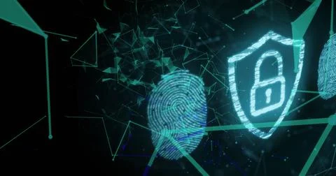 Digital graphics of a fingerprint and security shield float in a green line Stock Photos