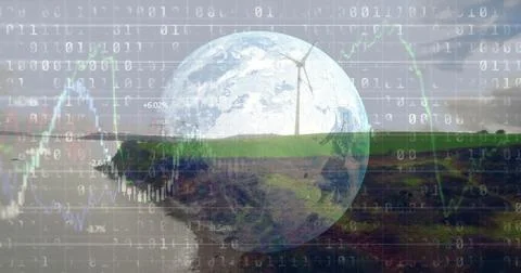 Digital graphics overlaying globe, showcasing diverse environments Foto stock