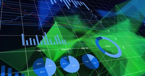 Digital graphs and charts displaying data analytics on futuristic interface Stock Illustration