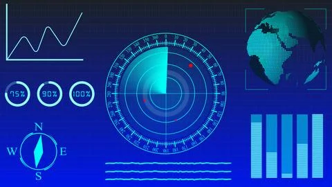 Digital graphs world map and navigation elements on a dark blue background. Illustrazione stock