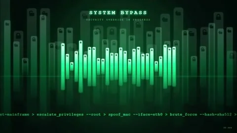 Digital Green Audio Spectrum Visualizer with Hacking Interface and System Stock Footage 343169506