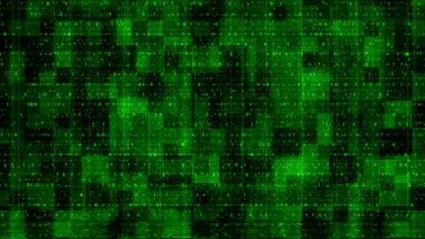 Digital green binary city visual luminous code walls, mirrored floor texture, Stock Footage 340525880