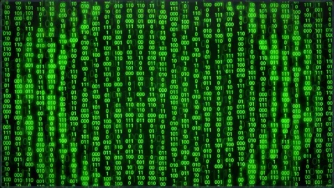 Digital green binary code background with glowing circular data patterns and 스톡 동영상 343168448