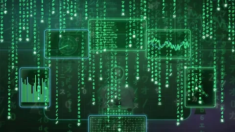 Digital green binary code rain falling over futuristic data interface and 스톡 동영상 341834393
