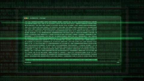 Digital green binary code streaming on a computer screen with glitch effects Stock Footage 343172456