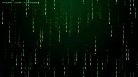 Digital green code rain falling on black background representing big data and Stockbeeldmateriaal 343164241