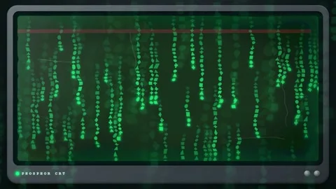 Digital green code raining down on a vintage computer monitor screen in dark Stock Footage 343155696