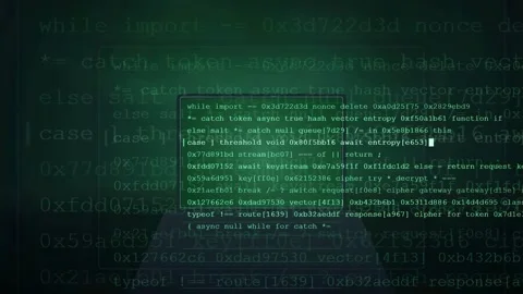 Digital green computer code scrolling on a dark screen representing programming Video stock 343156647