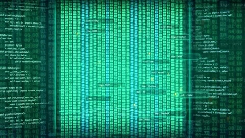 Digital green computer code scrolling on a screen representing software Stock Footage 343169033