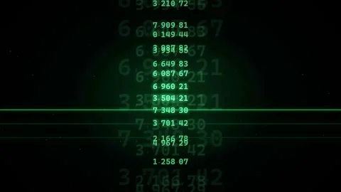 Digital green data stream with scrolling numbers and binary code on black Stock Footage 343868331