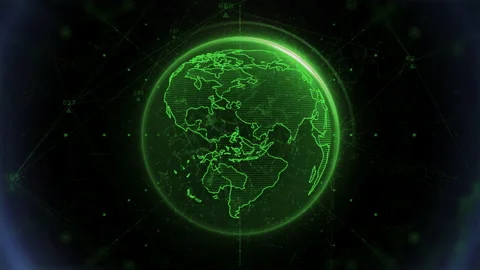 Digital Green Earth Planet Rotating on Flickering Flare Ring Stock Footage 167311109