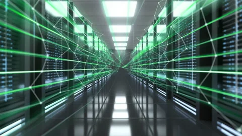 Digital Green line information flying in data centers with ig server room. 4K fo Stock Footage 154351035