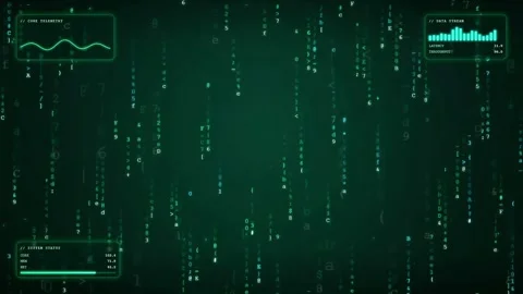 Digital Green Matrix Background with Falling Code and Futuristic HUD Data Stock Footage 343151978
