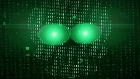 Digital Green Matrix Code Forming a Glowing Cyber Skull with Bright Neon Eyes Video stock 343160881