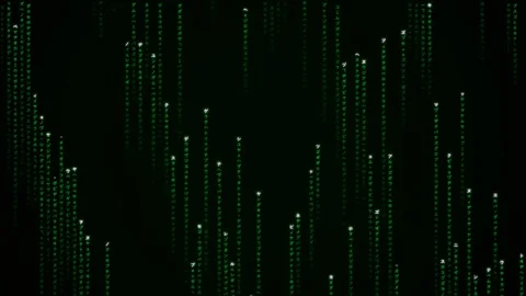Digital green matrix code rain falling against a deep black background Stock Footage 335145932