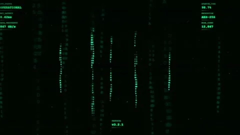 Digital Green Matrix Code Rain Falling on Black Background for Cyber Security Stock Footage 336777159