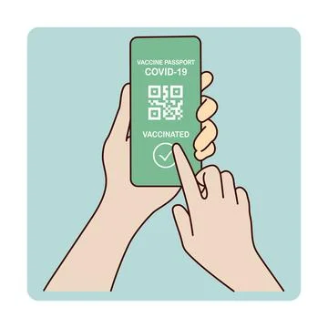 The digital green pass with QR code on the screen of a mobile held by a hand on Ilustración de archivo