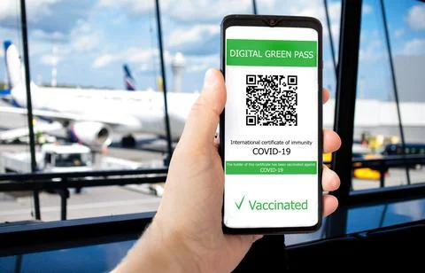 The digital green pass with the QR code on the screen of a mobile in a man hand Stock Photos