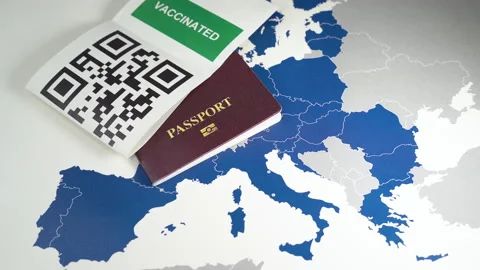 Digital green passport with QR code over an EU map Stock Footage 149868379