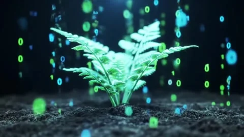 A digital green plant grows from soil, integrated with glowing binary code Video stock 314501389