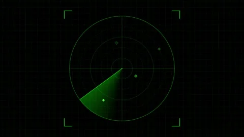 Digital green radar screen interface with scanning sonar pulses and navigatio Stock Footage 345962101