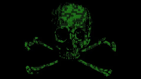 A digital green skull and crossbones symbol formed by binary code on a blac.. Vidéo 337818682