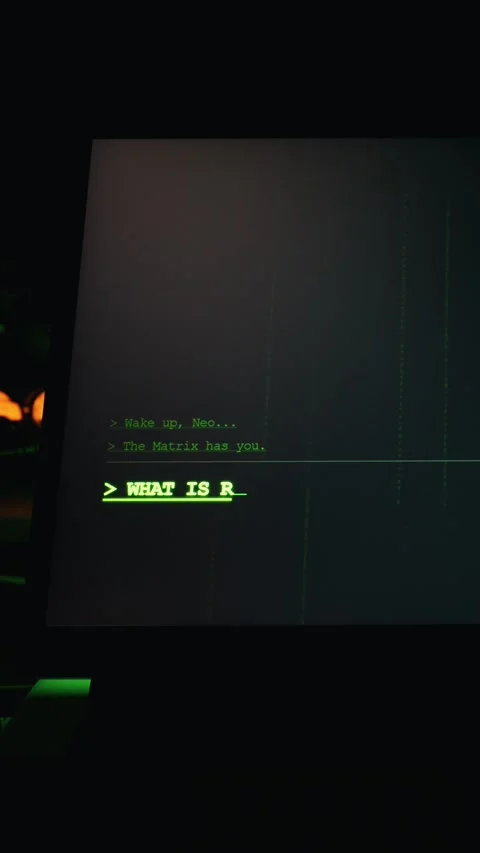 Digital Green Text Displaying Wake Up Neo Message on Dark Terminal Screen Stock Footage 334732192
