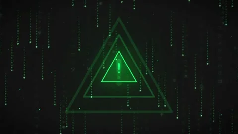 Digital Green Warning Symbol with Falling Matrix Code on Dark Technological Stock Footage 336775136