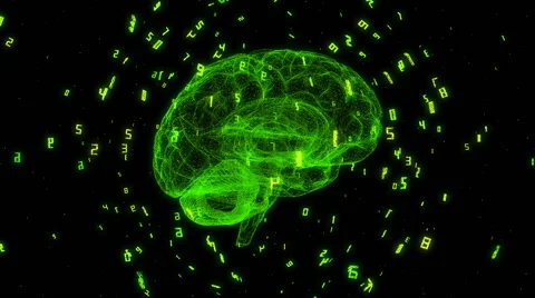 Digital green wireframe computer brain in a cloud of numerical data Video stock 68631354