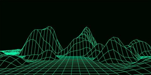 Digital green wireframe landscape. Wireframe terrain polygon landscape design イラスト素材
