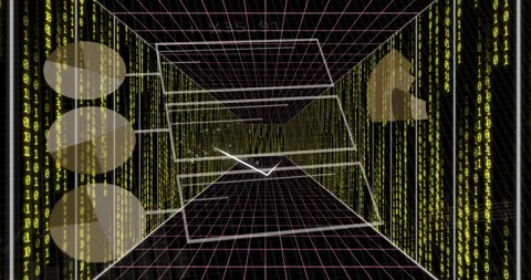 Digital grid and binary code animation over abstract tunnel Stock Footage 306717353